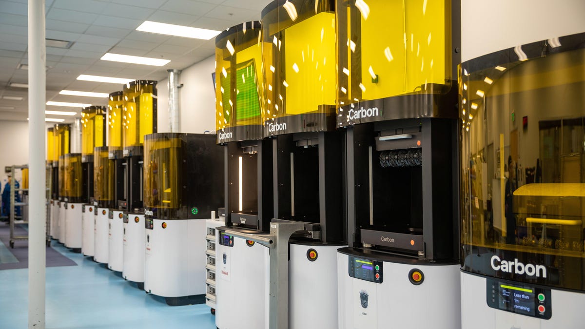 Carbon's L1 3D printers can make products with a wide variety of properties, from hard plastic to squishy shock absorbing materials in shoes and helmets.