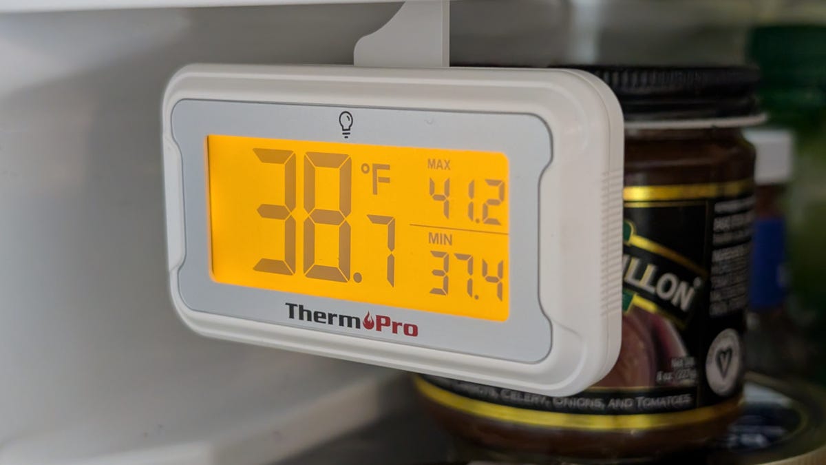 thermopro fridge thermometer hanging in refrigerator showing safe food temperatures