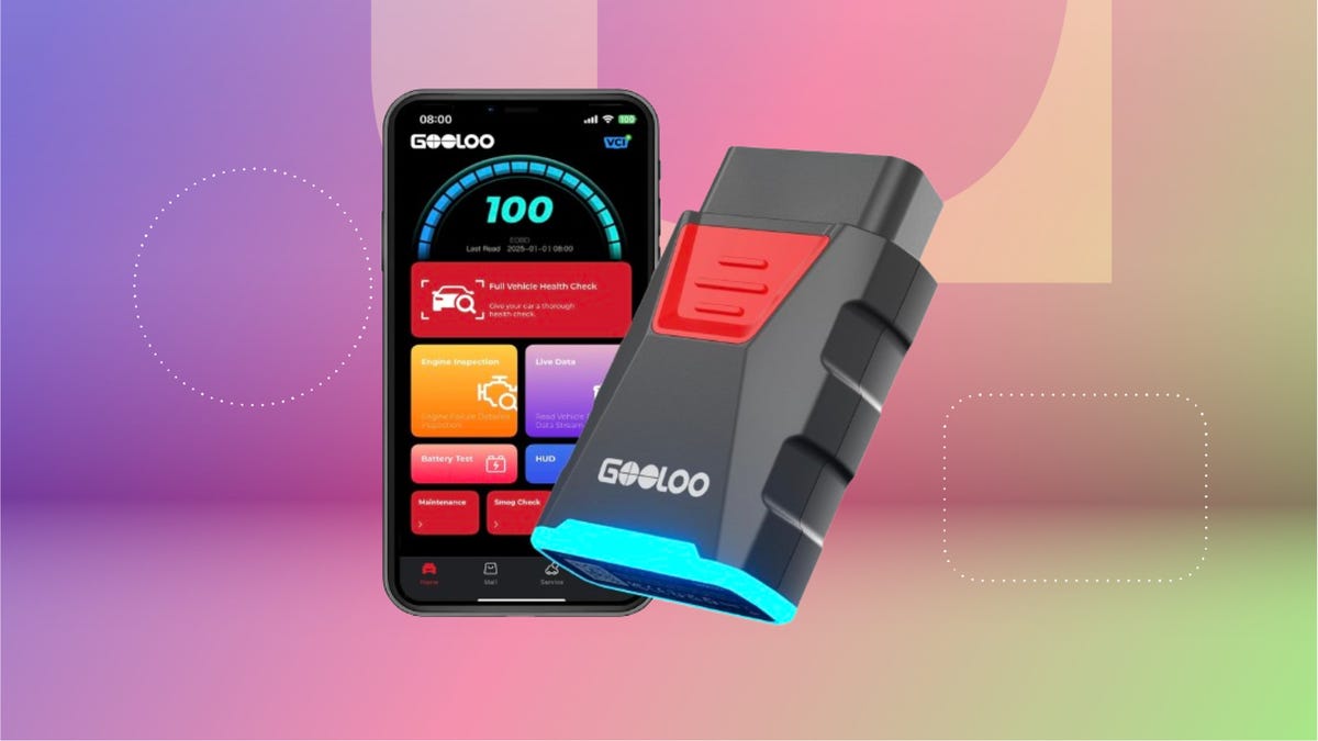 from left: Black smartphone, car scanner against purple, pink and green CNET background.