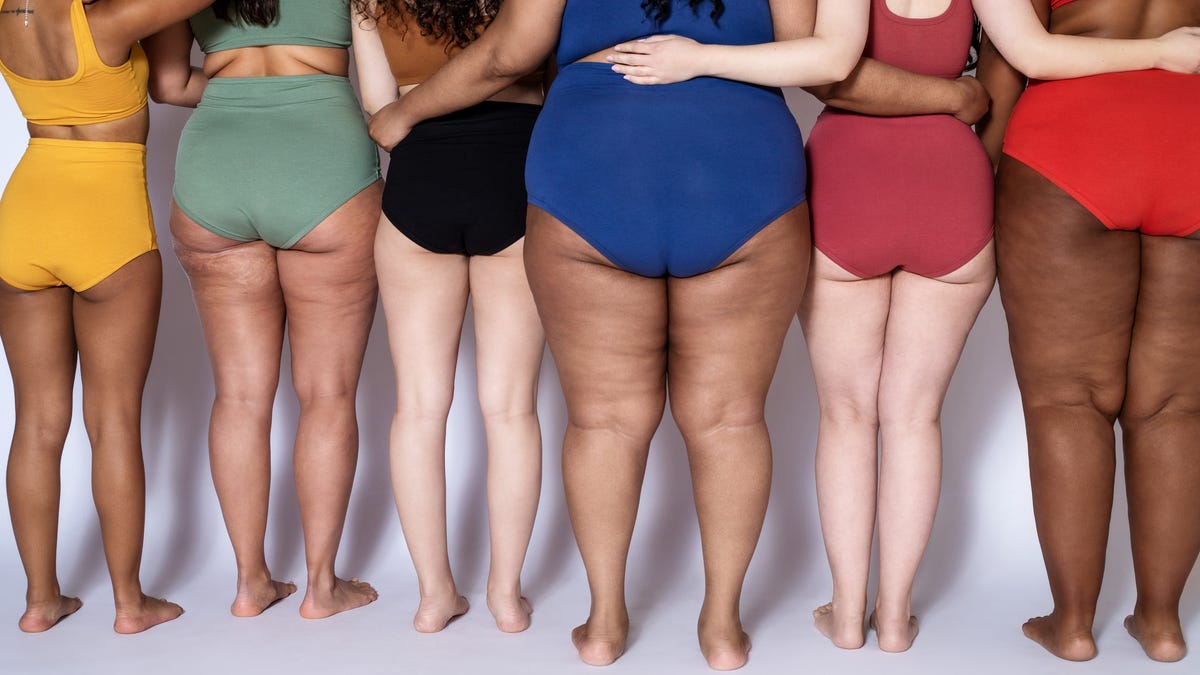 Rear view of a diverse females together in underwear