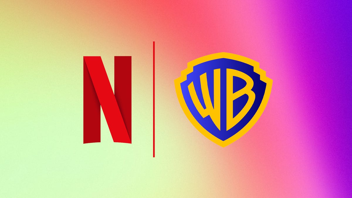 The logos for Netflix (a red capital letter N) and the WB (a blue shield with yellow capital letters WB and a yellow border) against a rainbow gradient background