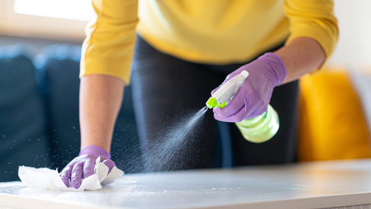 A person in a yellow shirt wearing purple gloves cleaning a surface with a spray bottle and paper towel.