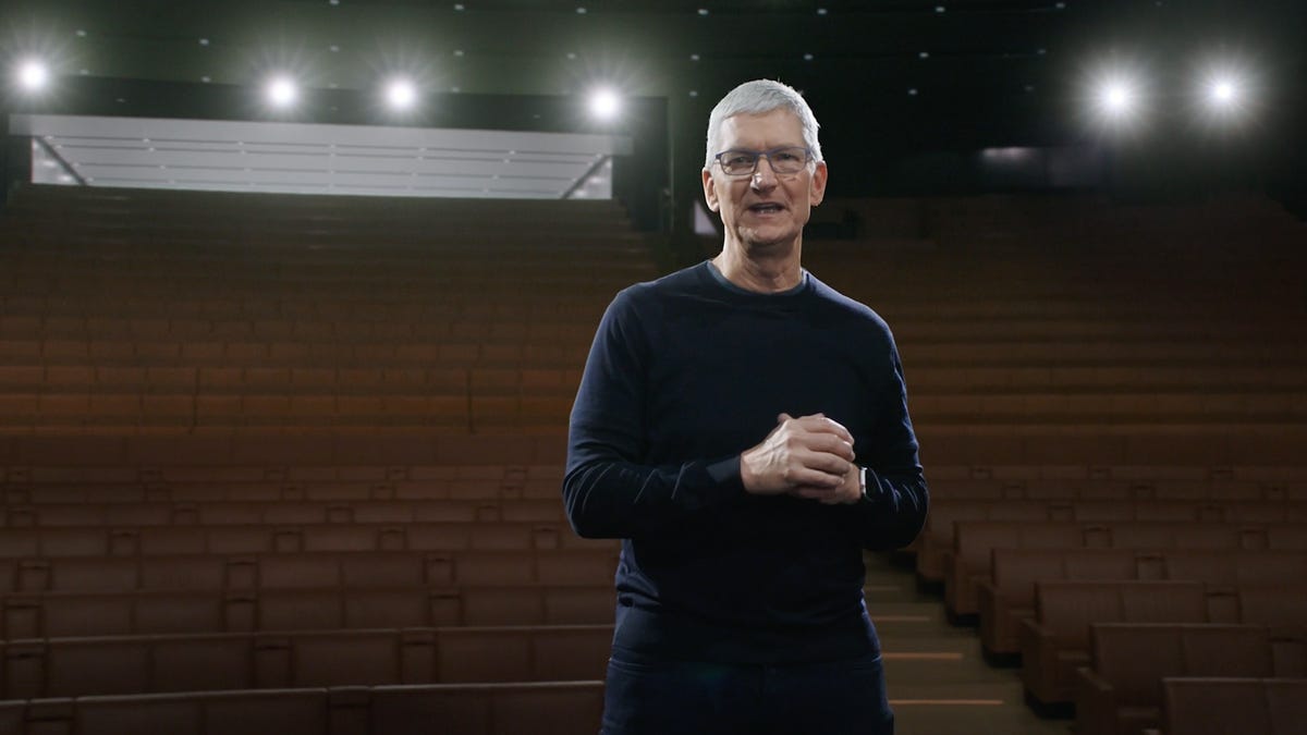 Tim Cook Steve Jobs Theater light camera action Apple Park