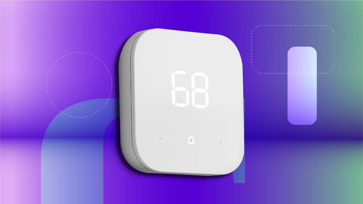 Amazon Smart Thermostat shown in a Google shopping results grid with product images and listing details on CNET background.