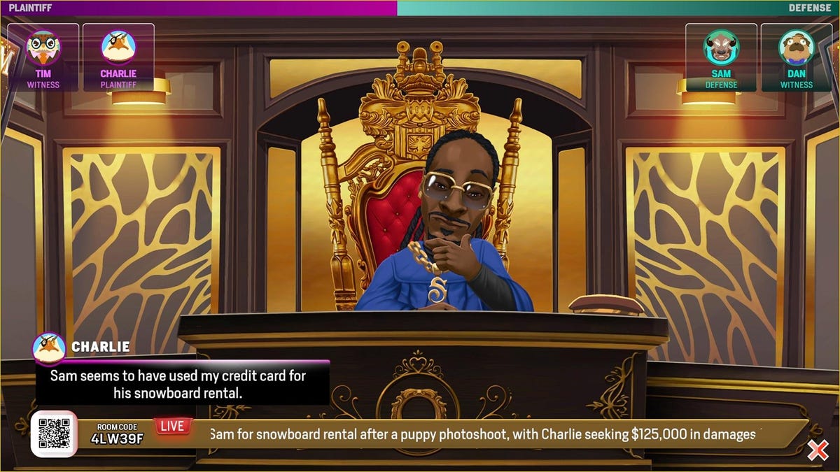 A screenshot from a courtroom themed videogame featuring Snoop Dogg as a judge.