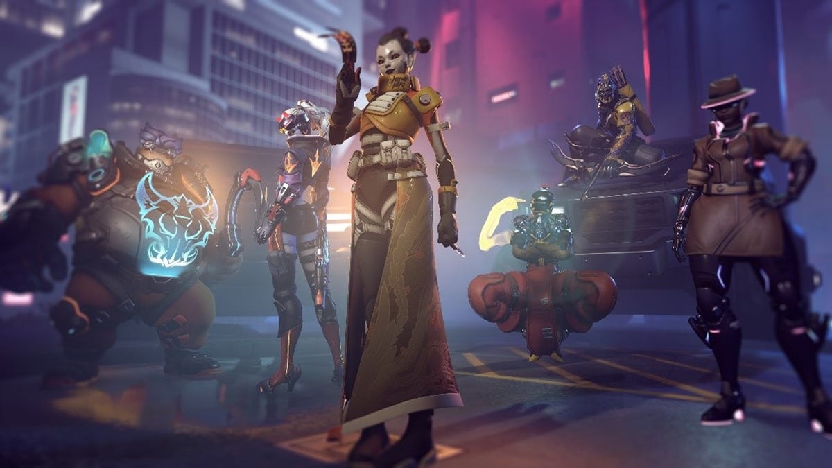Kiriko, Roadhog, Widowmaker, Zenyatta, Hanzo and Sojourn in cyberpunk skins