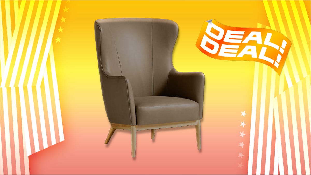 brown leather armchair on orange background with text that says DEAL! DEAL!