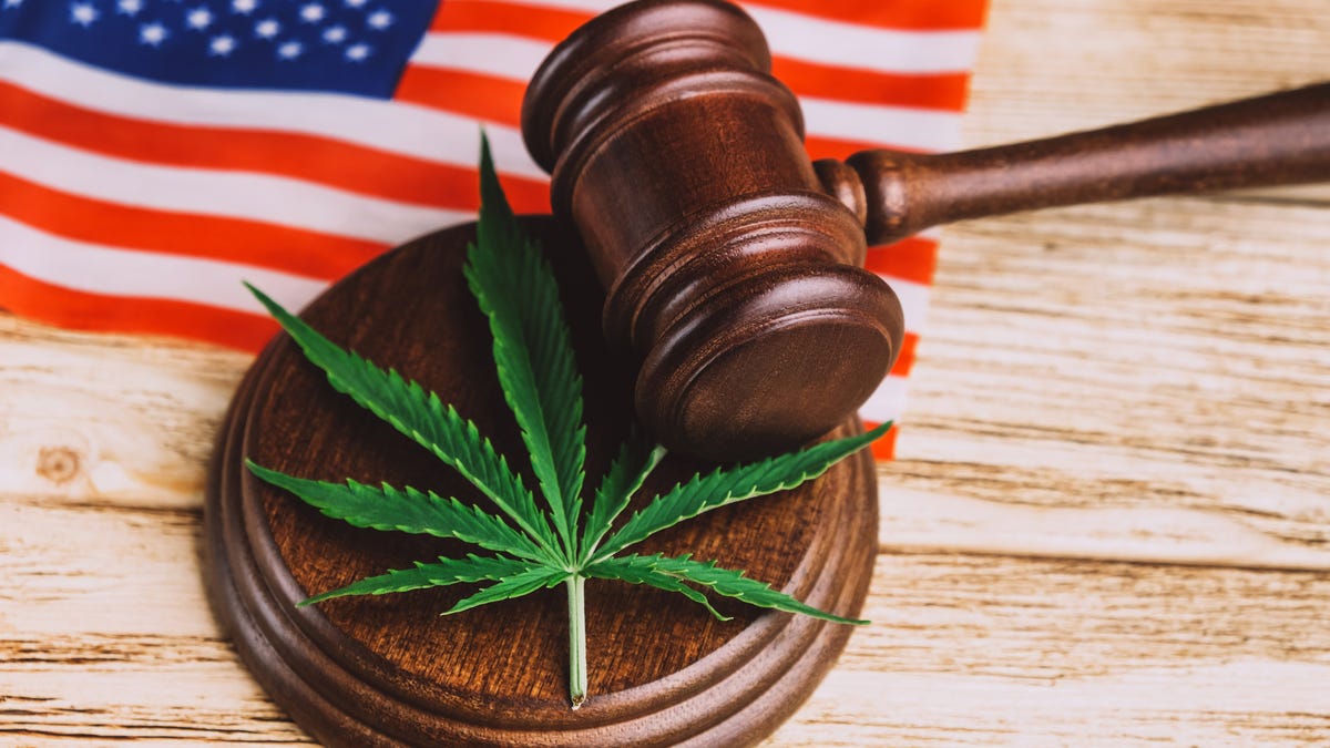 a marijuana leaf sits on a sound board next to a legal gavel with an American flag in the background on a table