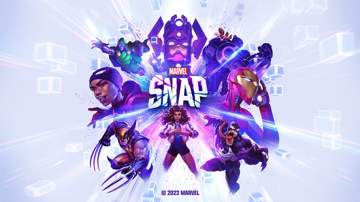 A splash screen with several Marvel heroes like Wolverine, Venom, America Chavez and more around the Marvel Snap logo.