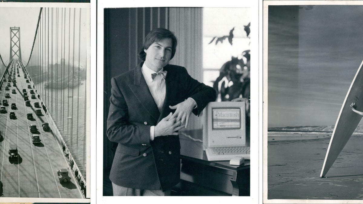 The New York Times is digitizing photos from its archive, including these of the first traffic on the Bay Bridget connecting San Francisco and Oakland, Apple co-founder Steve Jobs in 1984, and Regina Gleason with her surfboard in 1948.