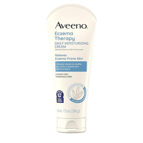 The Aveeno Eczema Therapy Daily Moisturizing Body Cream over a white background.