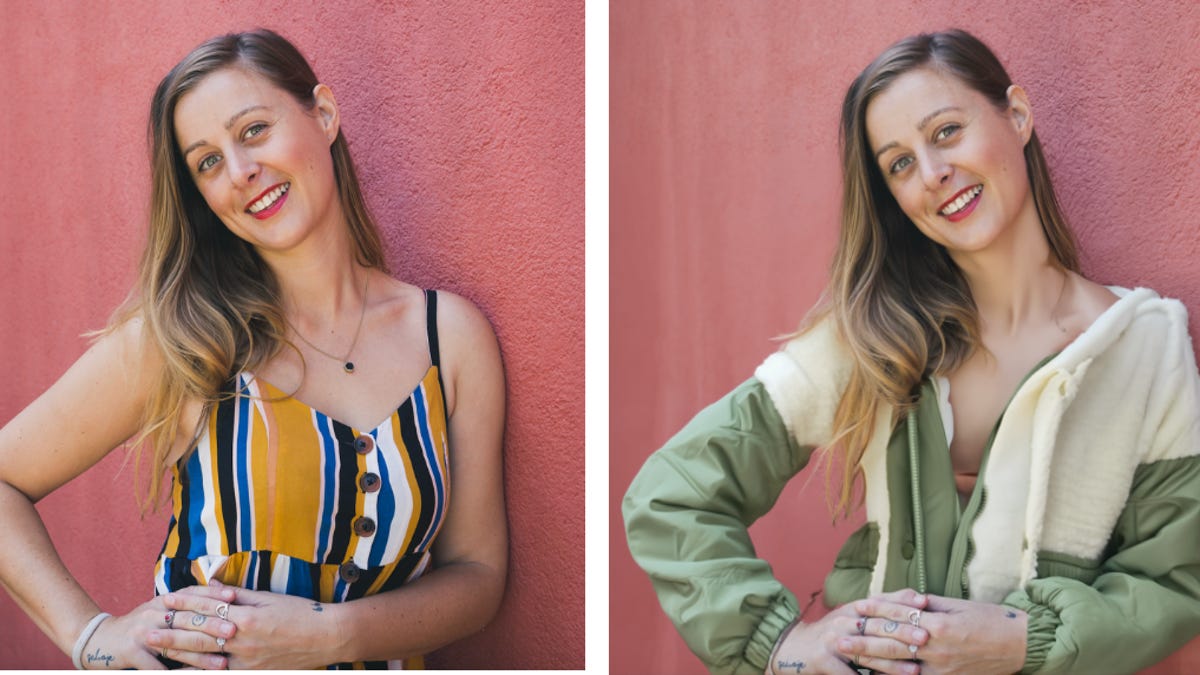 Two images of women, one wearing an AI-generated jacket