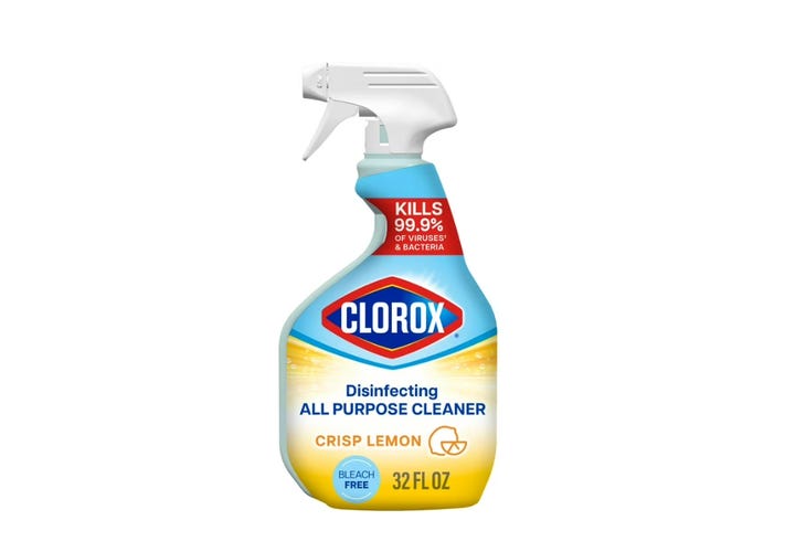 blue and yellow Clorox all-purpose cleaner spray bottle