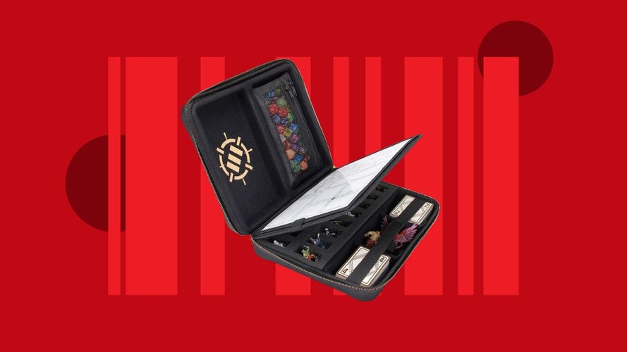 A black folio case with dice and minis inside