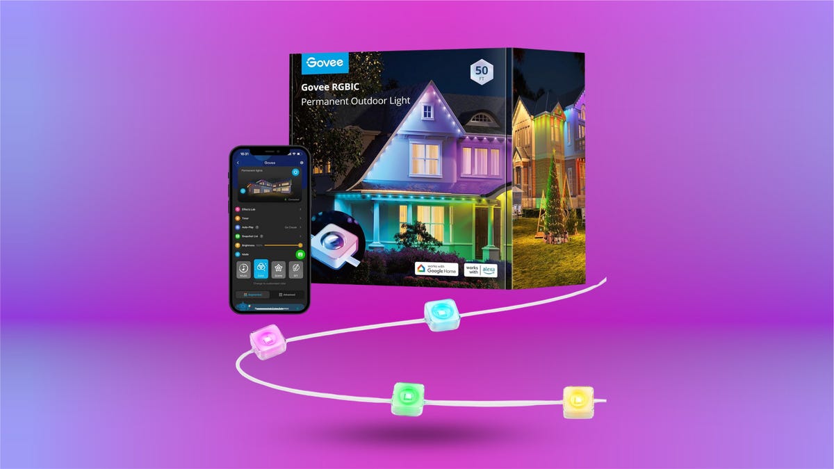 Govee 50-foot smart RGBIC permanent outdoor lights are displayed against a gradient blue and purple background.