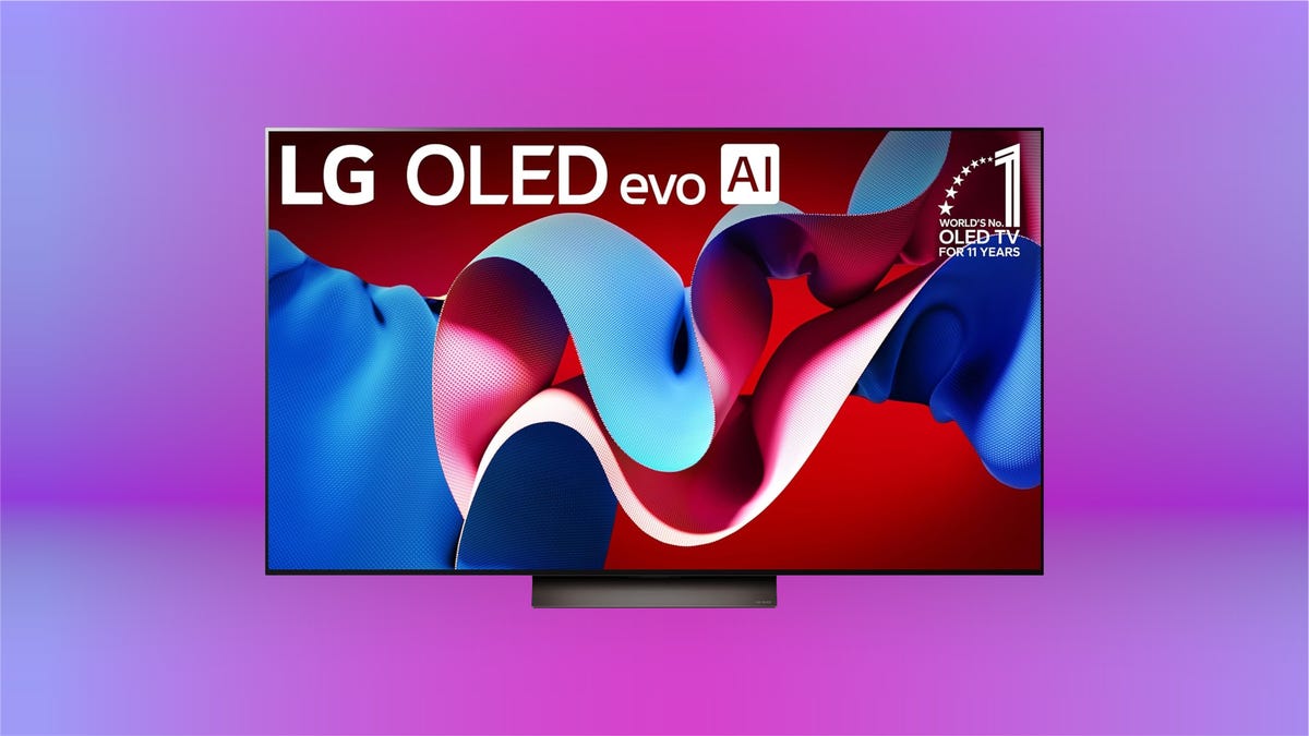 An LG TV against a multicolored CNET background.