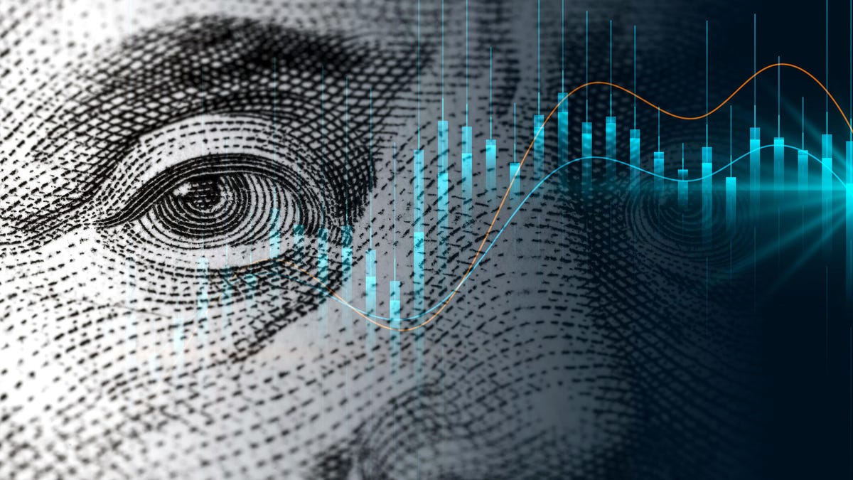 closeup of Benjamin's Franklin face on a $100 bill, overlaid with a neon graph