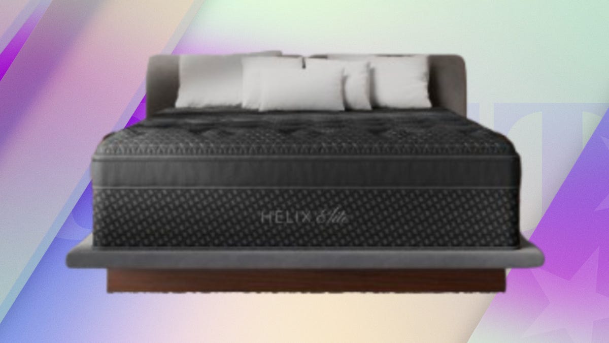 Helix brand Elite mattress with an array of pillows displayed against a festive background of diagonally striped gradients of purple, blue and white