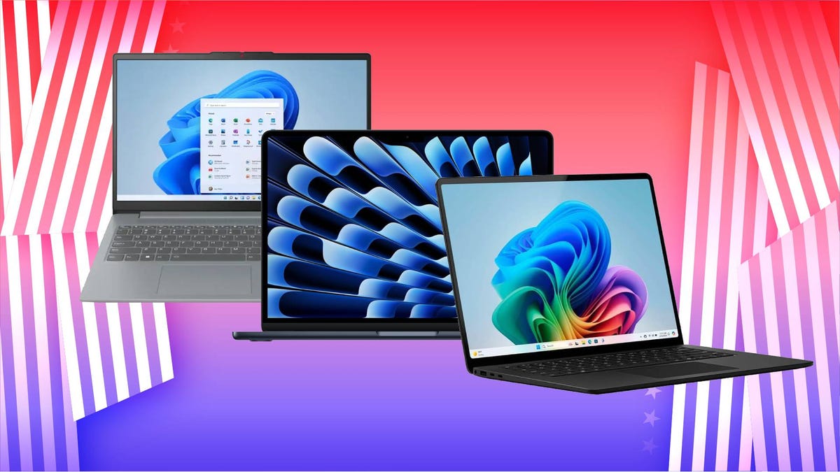 Three laptops against a red, white and blue background.
