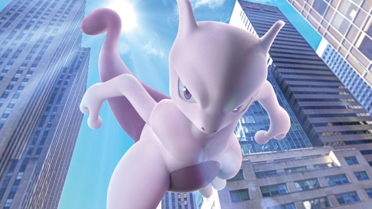 Mewtwo flying through a city