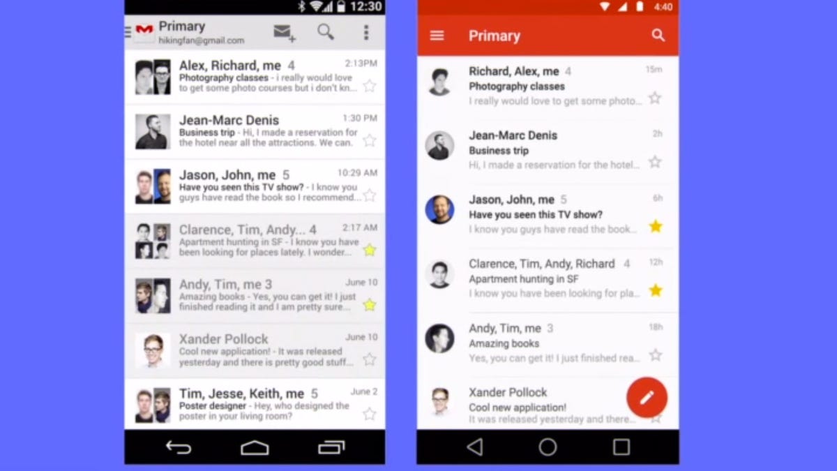 Android's Gmail app, before and after the new Material Design interface.