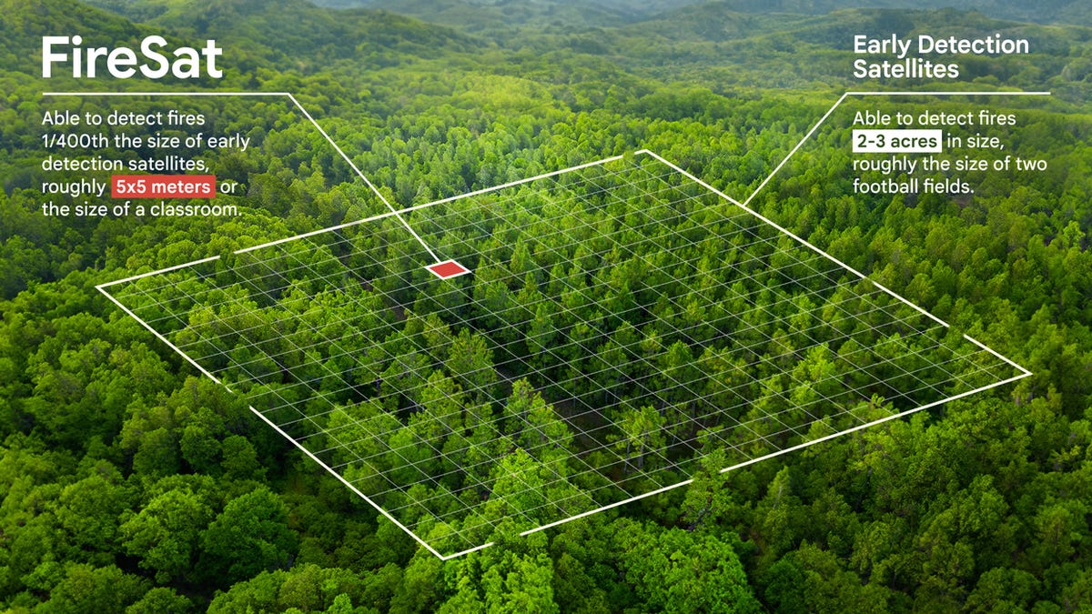 Inforgraphic showing a dense forest from above. Overlaid is a large grid indicating what current early detection satellites can view. One small square indicates the FireSat resolution.