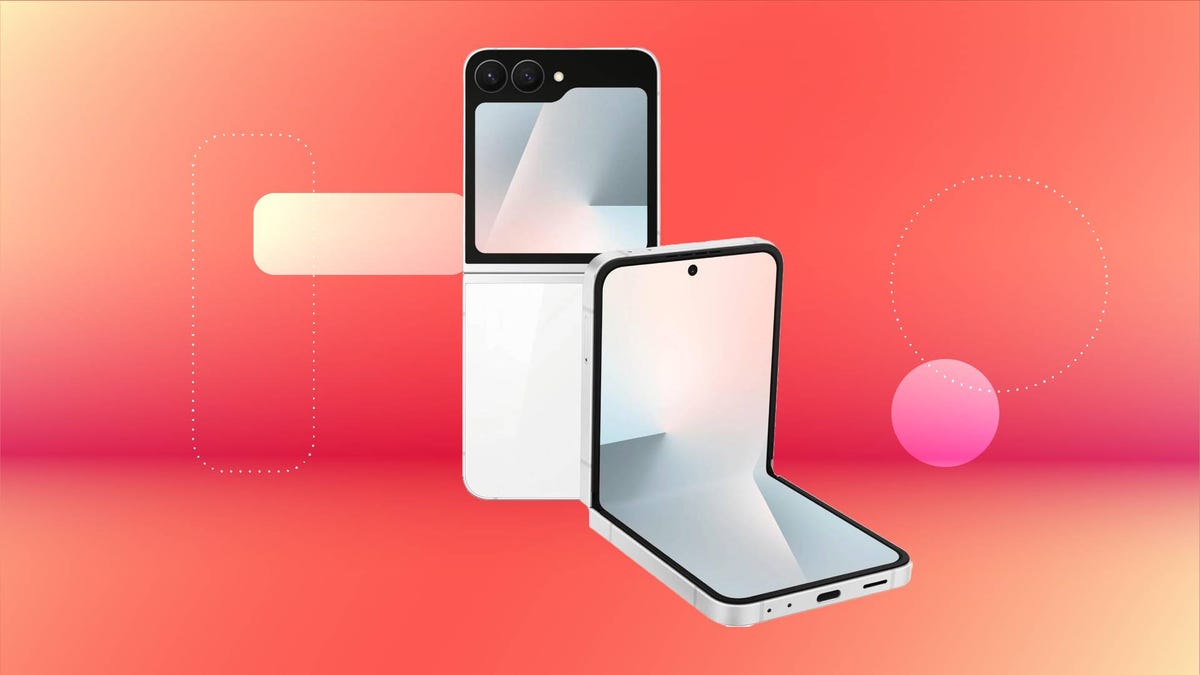 An open white Samsung Galaxy Z Flip 7 FE foldable phone against a red CNET background.