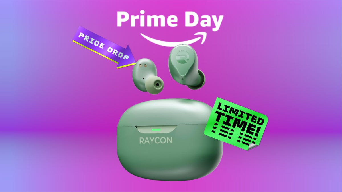 Shows the Raycon Earbuds on a purple background.