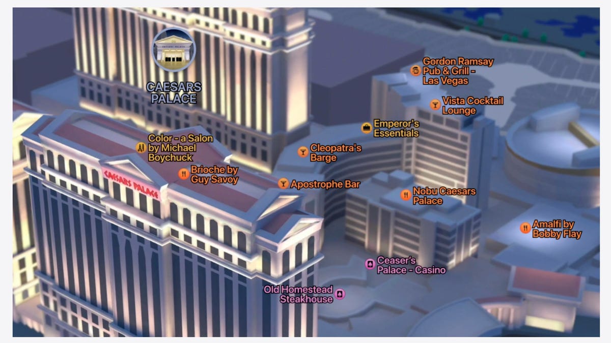 Apple Maps screenshot showing buildings in Las Vegas and listing restaurants