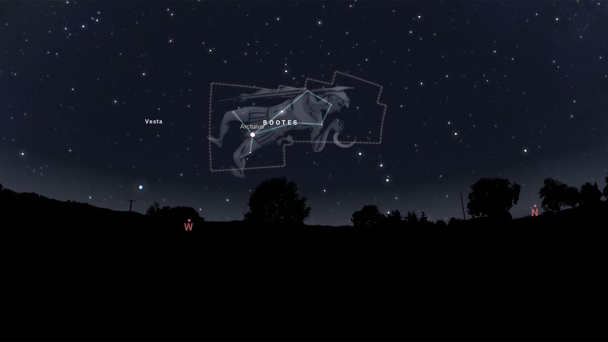 A screenshot of the Bootes constellation over the western horizon