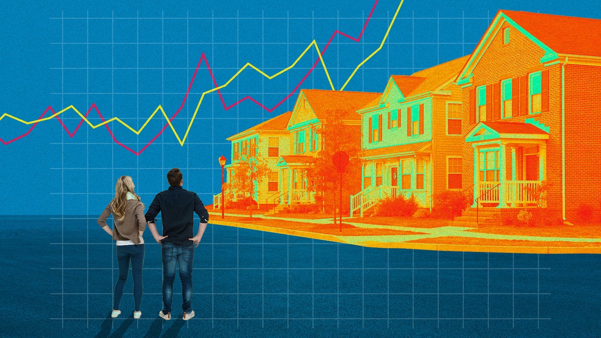 A couple looking at a house with market graph lines in the background