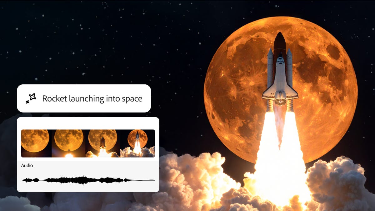 a rocket launching in front of a yellow moon with Firefly AI audio prompting window displayed to the left