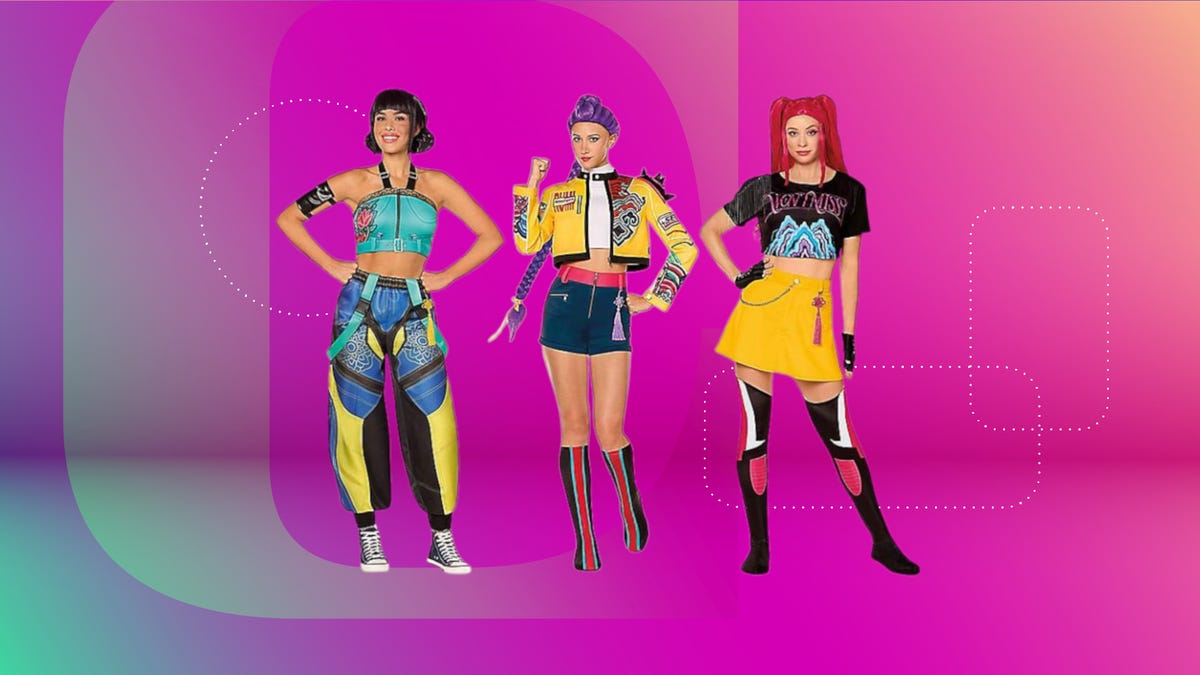 Shows the Rumi, Zoey, and Mira outfits on a pink background.