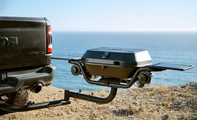 hitchfire forge grill attached to back of truck