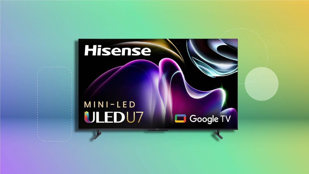 Hisense ULED U7 television with text promising a mini-LED display and Google TV support, screen showing abstract colorful wave graphics. Set against a pastel gradient background.