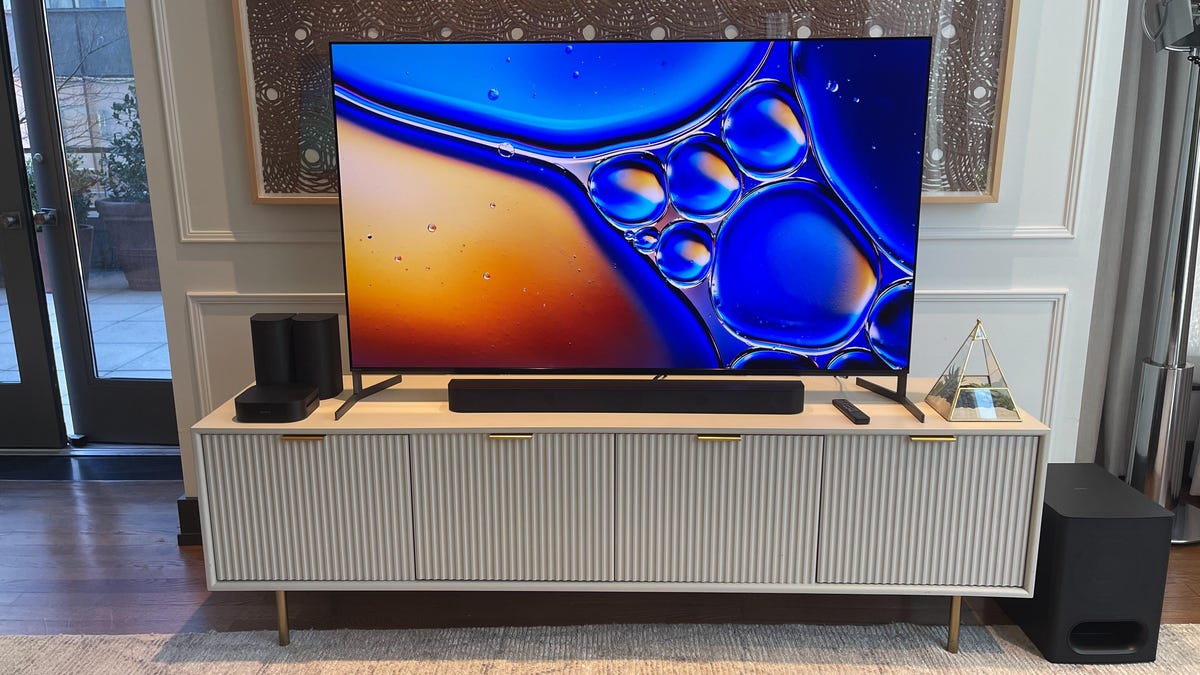 Sony Bravia 8 II sits on a TV bench