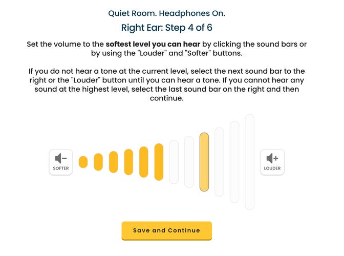 A screenshot of one page of the MDHearing online hearing test.