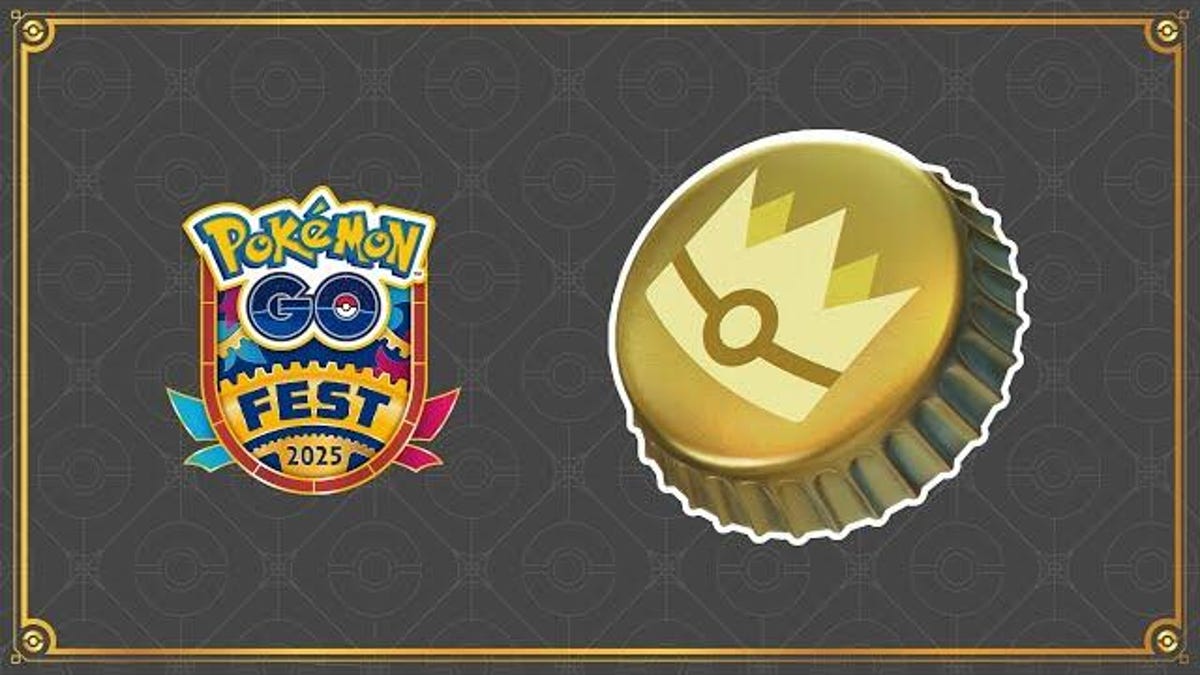 Pokemon Go Fest logo next to gold bottle cap with a crown on it