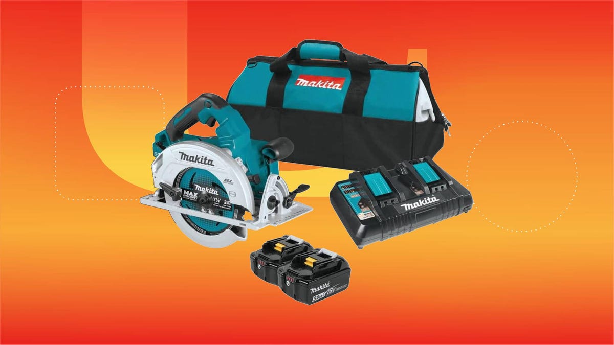A blue Makita saw, bag, charger and two batteries against an orange gradient CNET background.