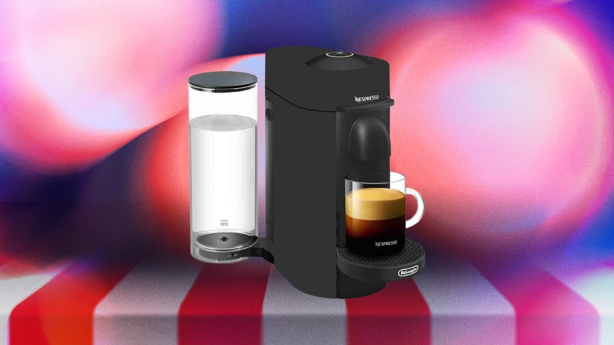 Nespresso Vertuo Delonghi edition coffee and espresso machine on display against CNET's red, white and blue Presidents Day commerce background.