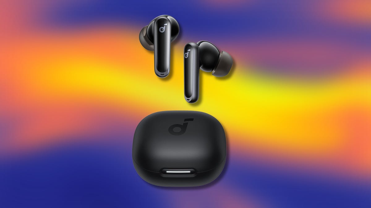 Anker Soundcore P40i Wireless Earbuds on a purple and yellow background