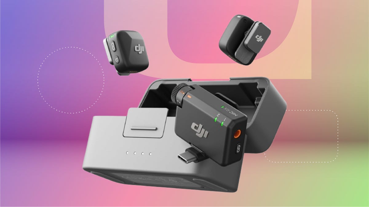 Black DJI mini lavalier microphone with case against lavender background.