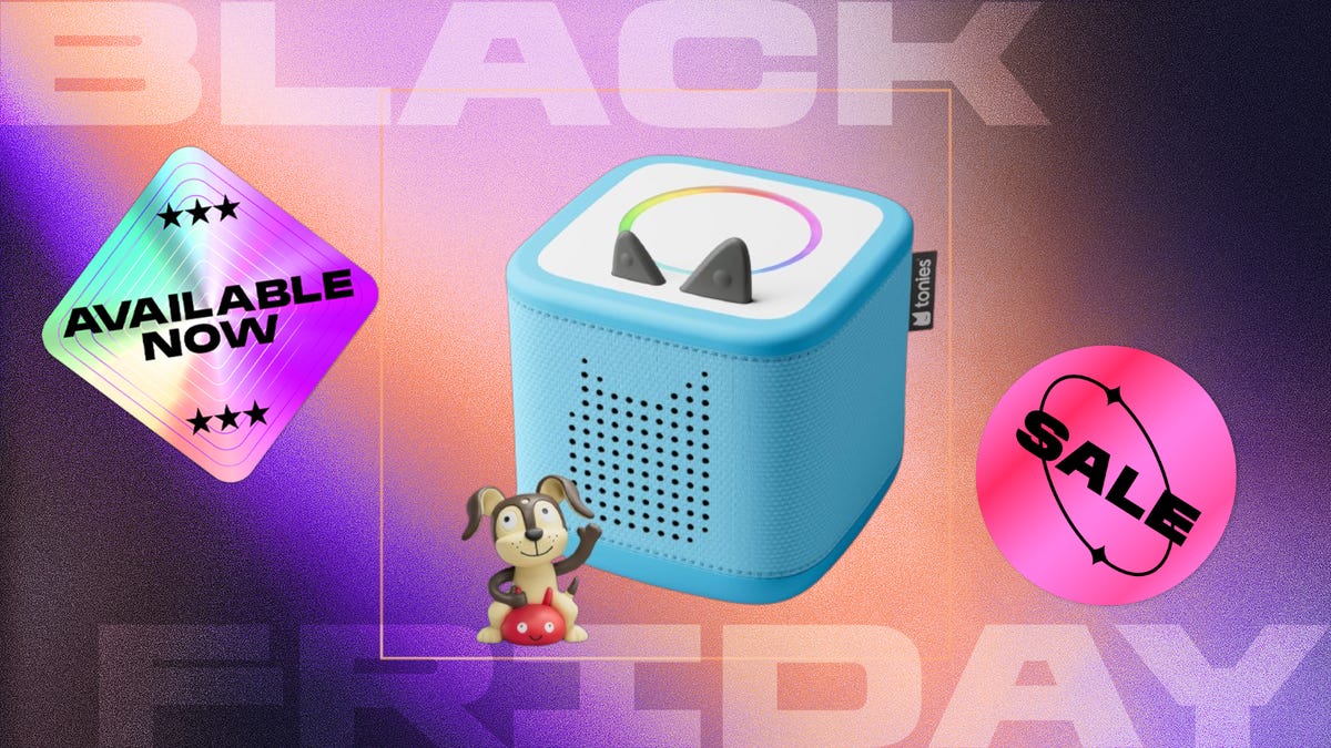 Toniebox 2 with playtime puppy in blue with a colorful background