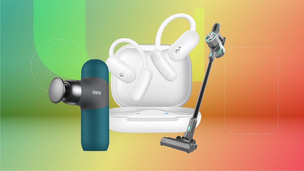 A massage gun, pair of earbuds and cordless vacuum against a green and red gradient CNET background.