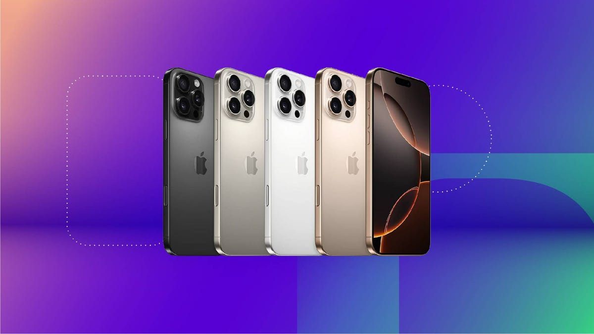 Four different finishes for the iPhone 16 Pro against a purple gradient CNET background.