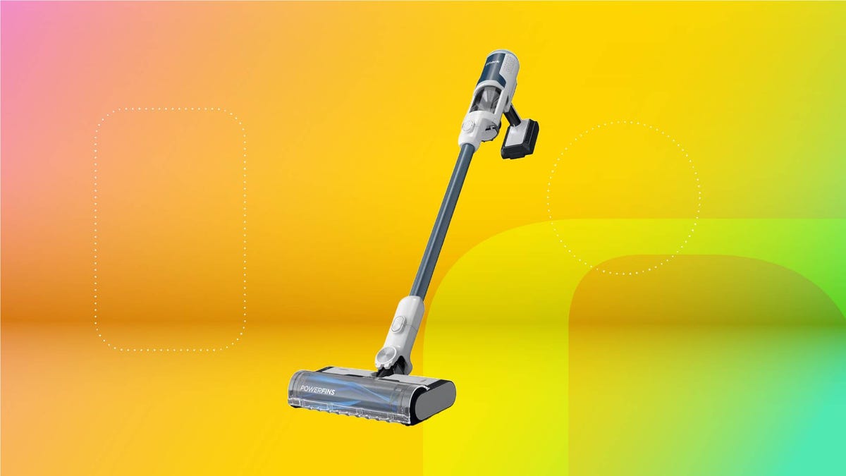 A blue and white cordless vacuum against a yellow gradient CNET background.