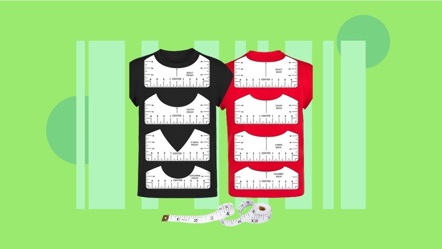 A black and red t-shirt on. green background