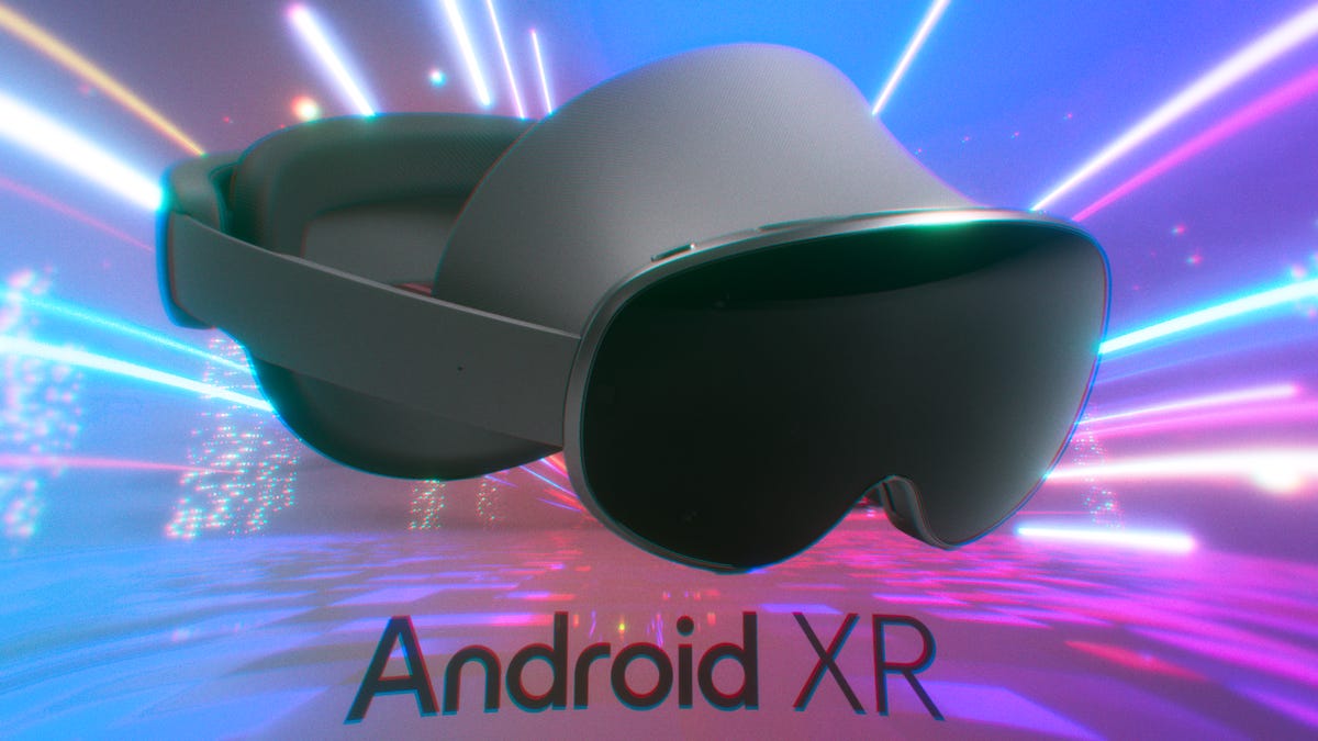 A gleaming mixed reality headset and Android XR label with a sparkling background