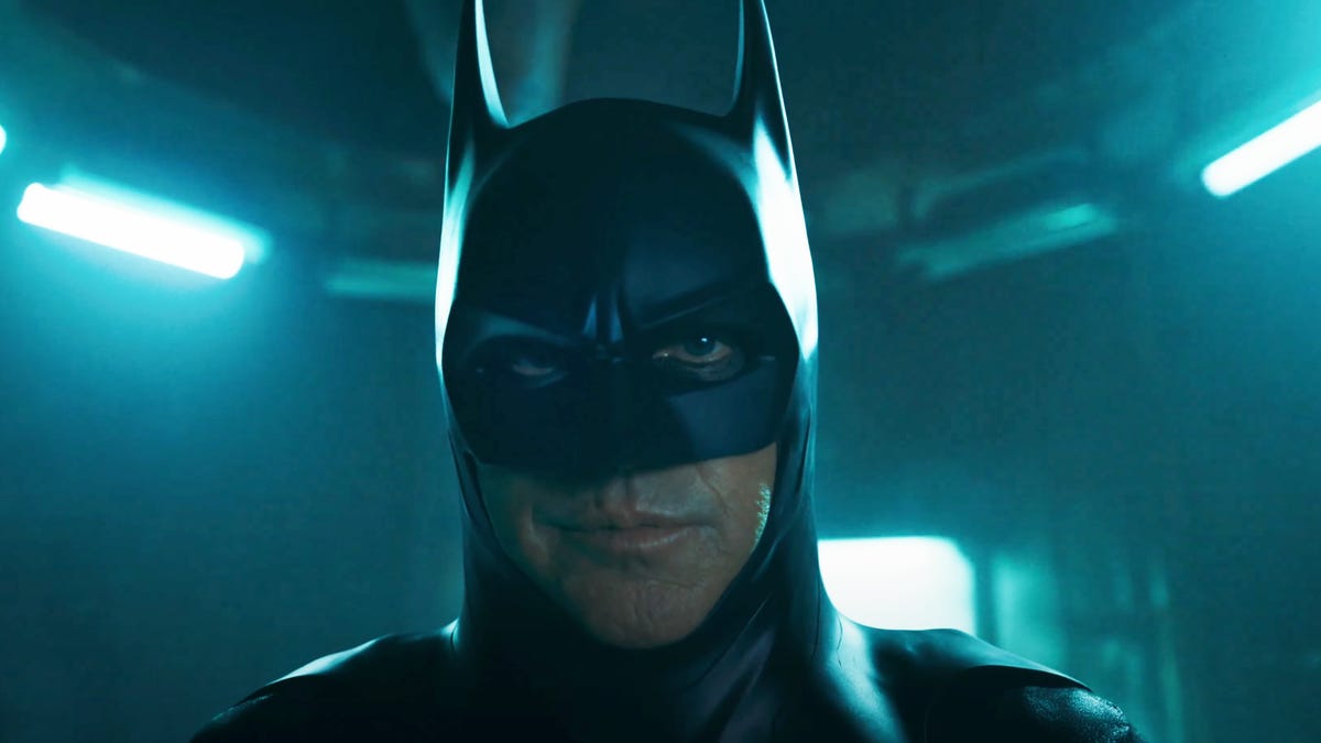 Clos up of Michael Keaton as Batman in the Batcave