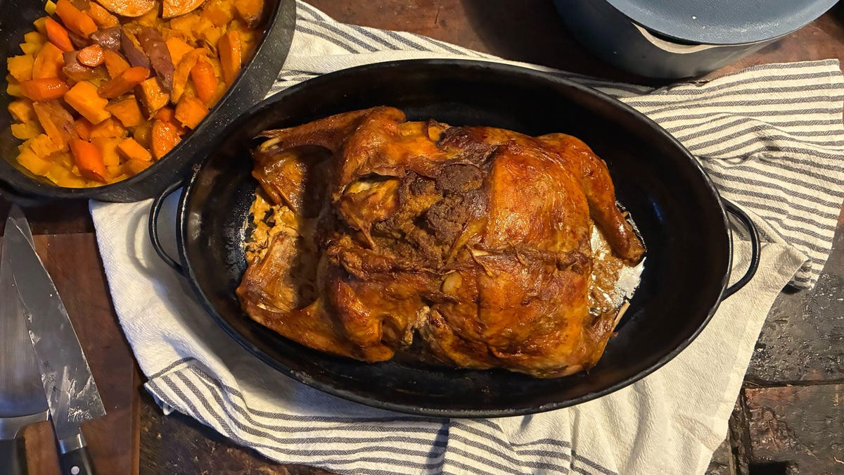 cooked turducken on table